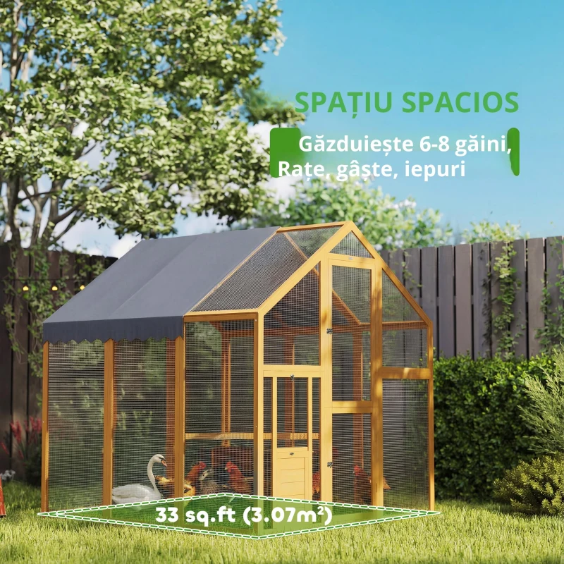 PawHut Coteț pentru găini 3,07 m² tarc exterior din lemn cu husă impermeabilă, încuietoare de siguranță, pentru 6-8 găini 1,7 x 1,8 x 1,8 m