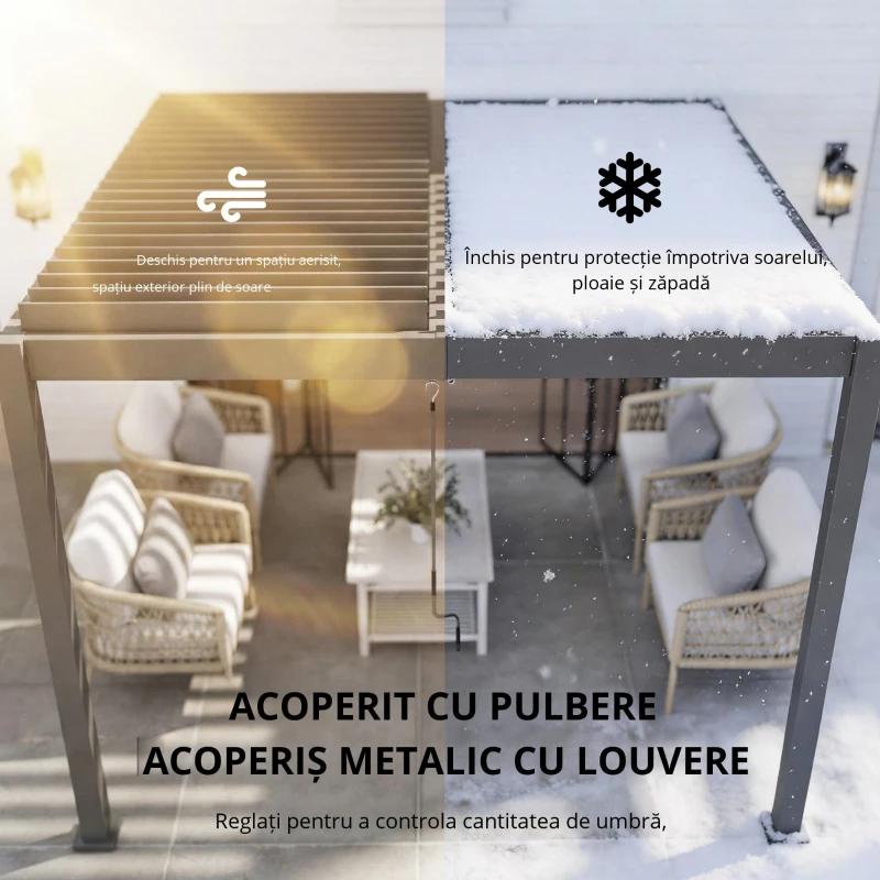 Outsunny Pergolă aprox. 3x3 m acoperiș terasă din aluminiu cu lamele reglabile, montare pe perete, gri închis