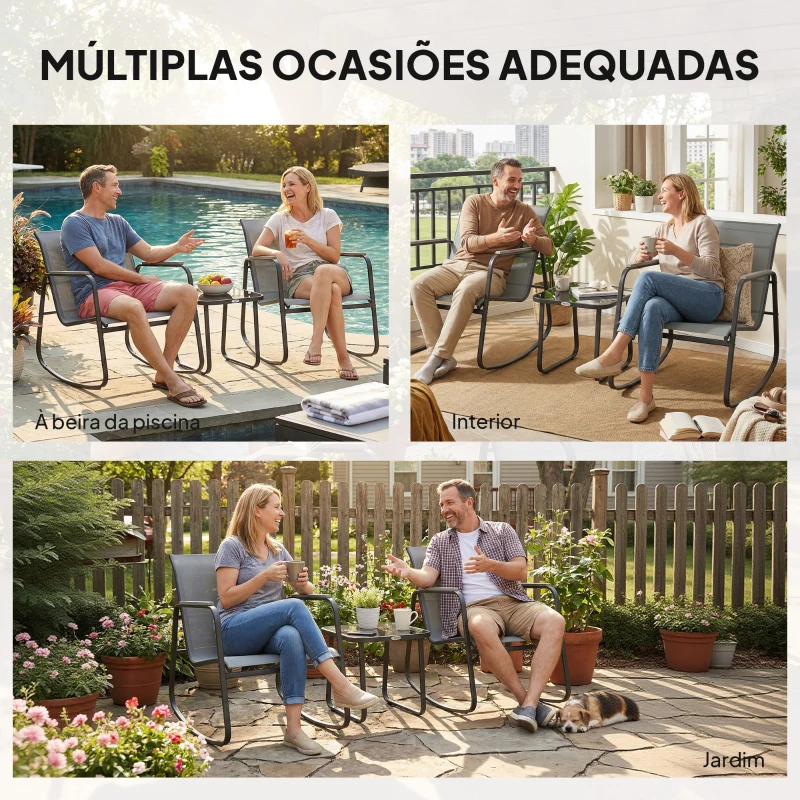 Outsunny Conjunto de Jardim de 3 Peças com 2 Cadeiras de Balanço e Mesa com Tampo de Vidro e Estrutura de Aço para Pátio, Cinza