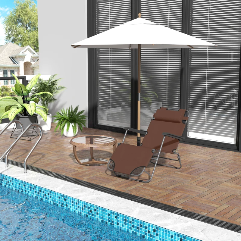 Outsunny Chaise Longue inclinable transat Bain de Soleil fauteuil relax jardin 2 en 1 Pliant têtière Amovible Charge Max. 136 Kg Toile Oxford Facile d'entretien Marron