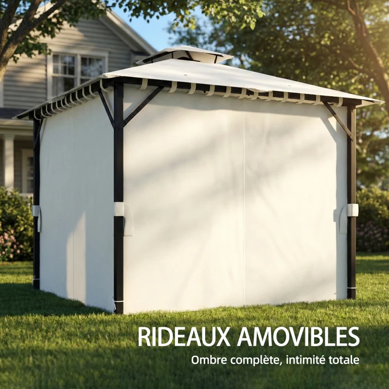 Outsunny Tonnelle de jardin extérieur 3x3m pavillon de jardin, toit double, rideaux, crochets de plafond, cadre en métal, crème