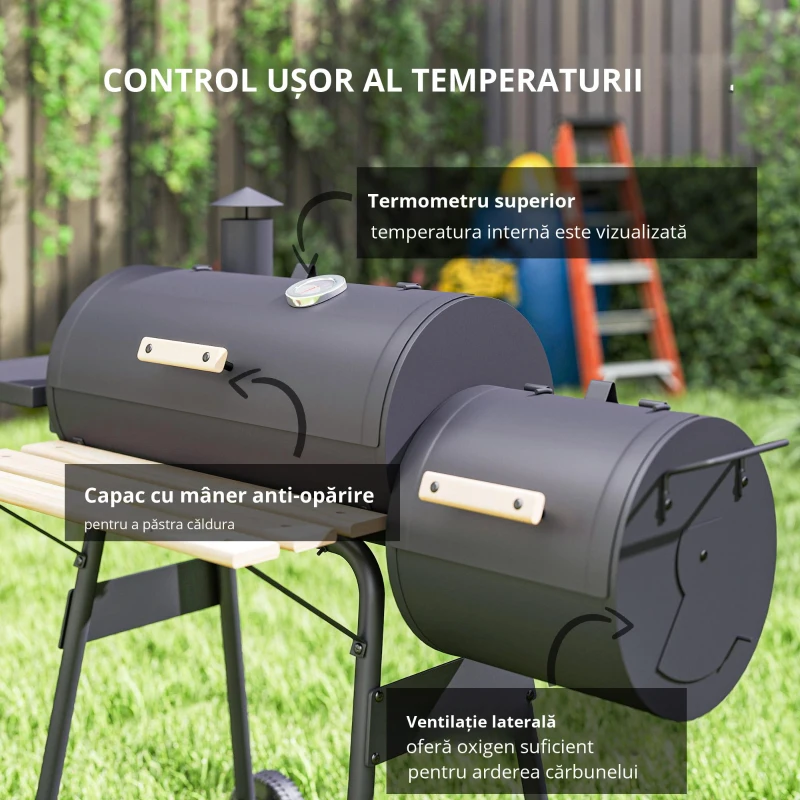 Outsunny Gratar de gradina cu capac si afumator, gratar pe carbune cu rafturi si roti 124x53x104cm, negru