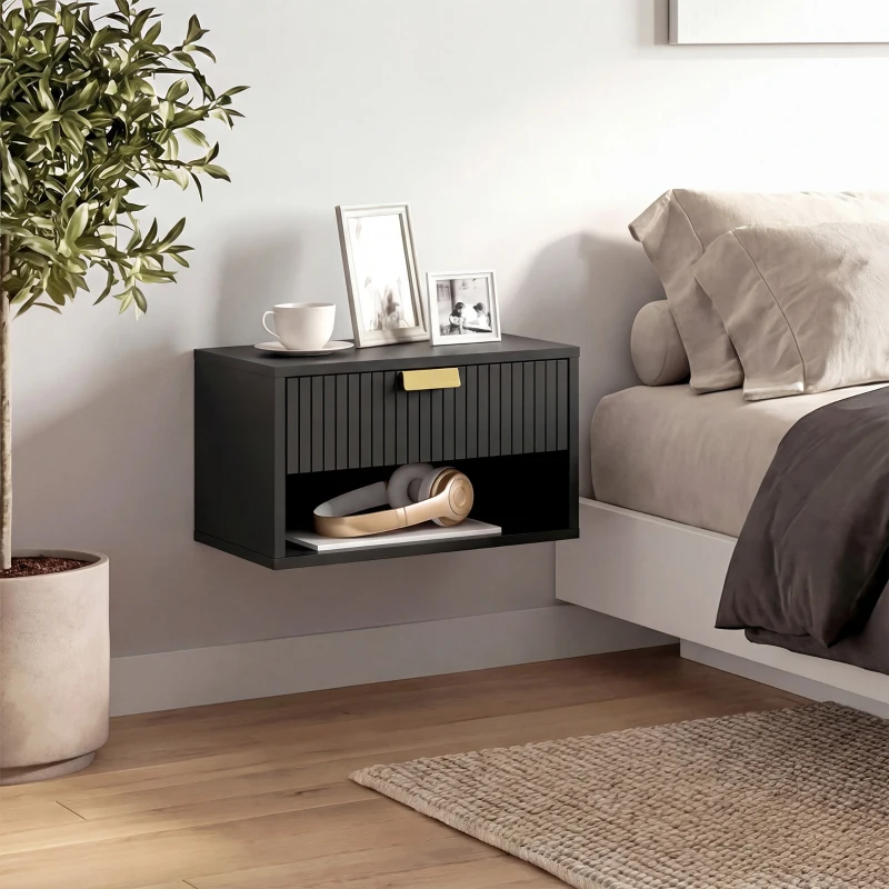 HOMCOM Set of 2 Wall Mounted Nightstands, Floating Bedside Tables with Fluted Drawer and Open Shelf for Small Bedroom, Black