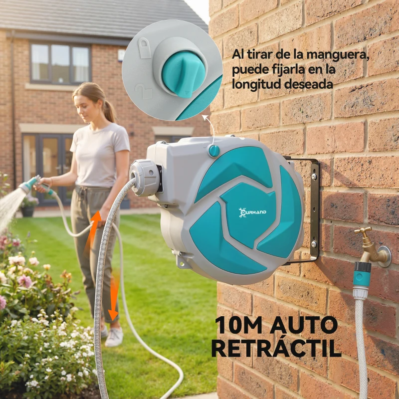 DURHAND Manguera Retráctil de Pared con Carrete de 10+1 m con Retorno Enrollado Automático y Boquilla de 7 Funciones Gira 180°