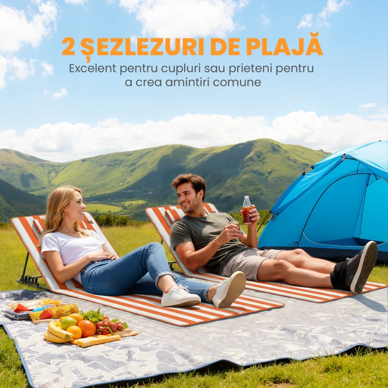 Outsunny Set 2 Șezlonguri Pliabile Portabile pentru Plajă, Spătar Reglabil, Portocaliu.