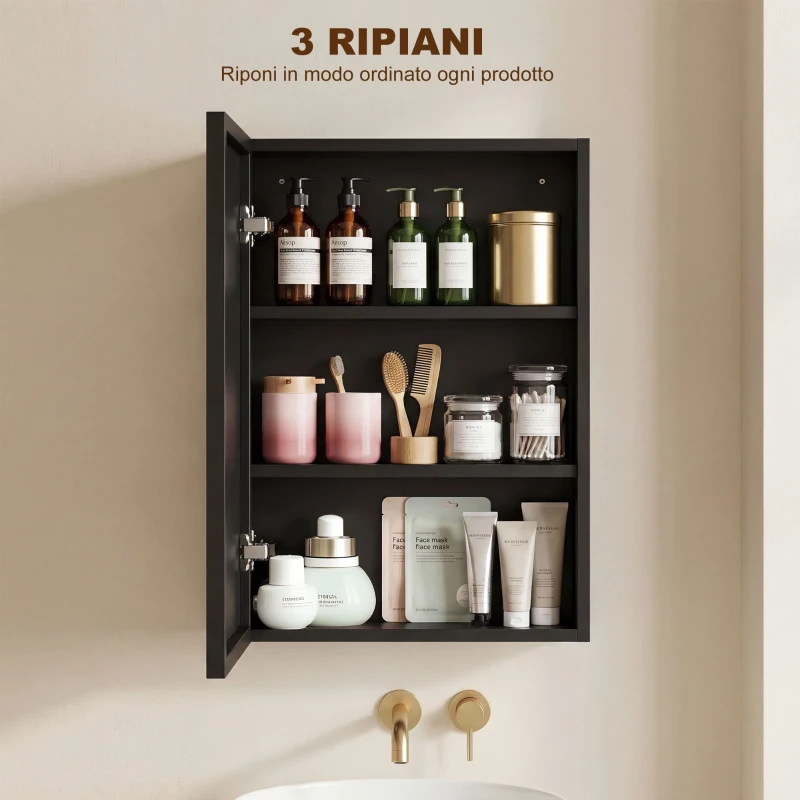 kleankin Specchiera Bagno in Acciaio con Armadietto a 3 Ripiani e Chiusura Ammortizzata, 40x12x60 cm, Nero