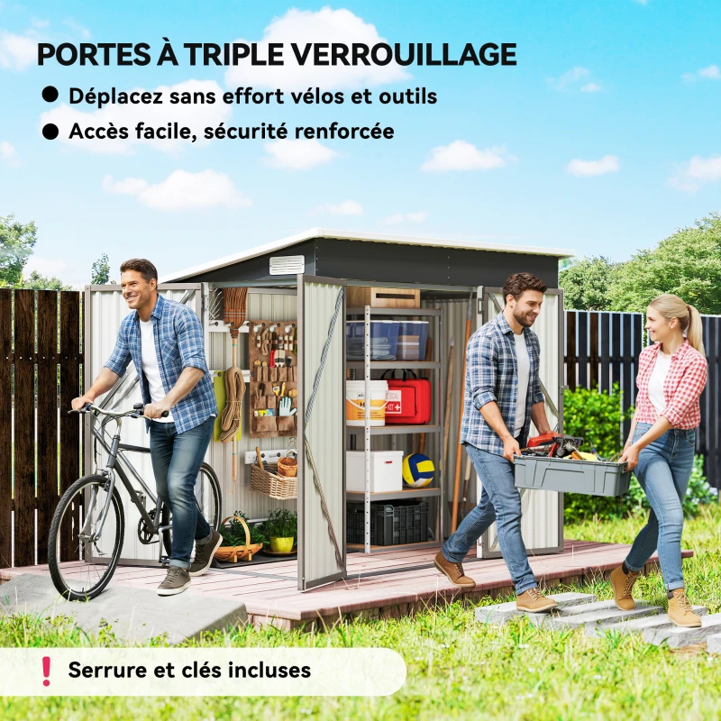 Outsunny Abri de jardin en métal cabane jardin extérieure triple porte verrouillable toit incliné aérations 234x132x185cm gris