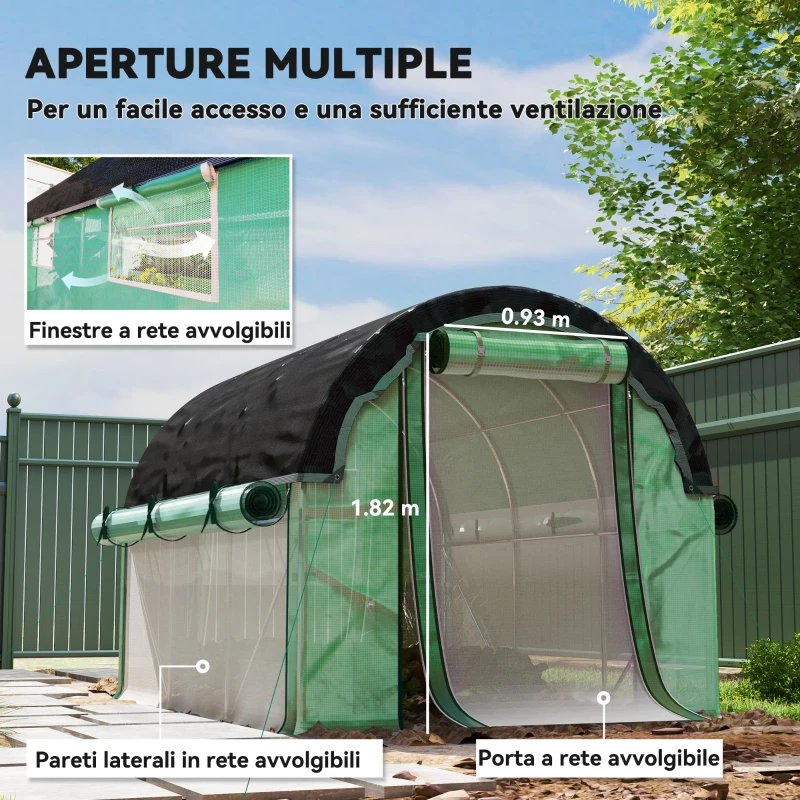 Outsunny Serra a Tunnel 3x2 m con Rete Ombreggiante Extra, Finestre e Ingresso a Zip, in PE e Acciaio, Verde