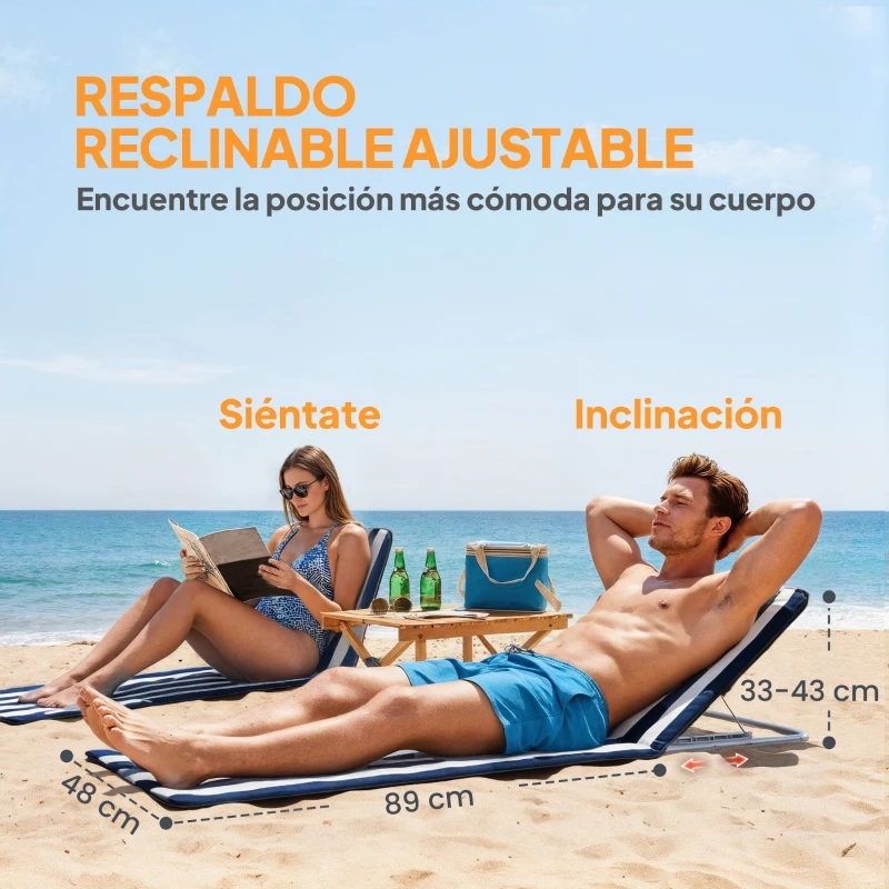 Outsunny Conjunto de 2 Esterillas con Respaldo Reclinable Reposacabezas y Bolsa de Transporte 134x48x33-43 cm Blanco y Azul