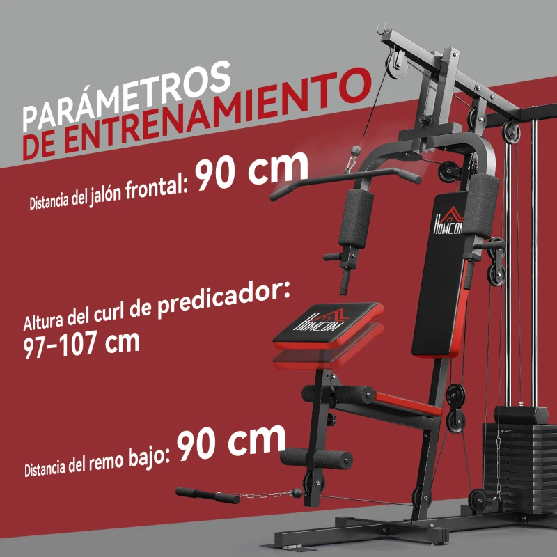 HOMCOM Máquina de Musculación con Pesas Ajustables de 65 kg Prensa de Pecho y Piernas Polea 135x103x210 cm Negro