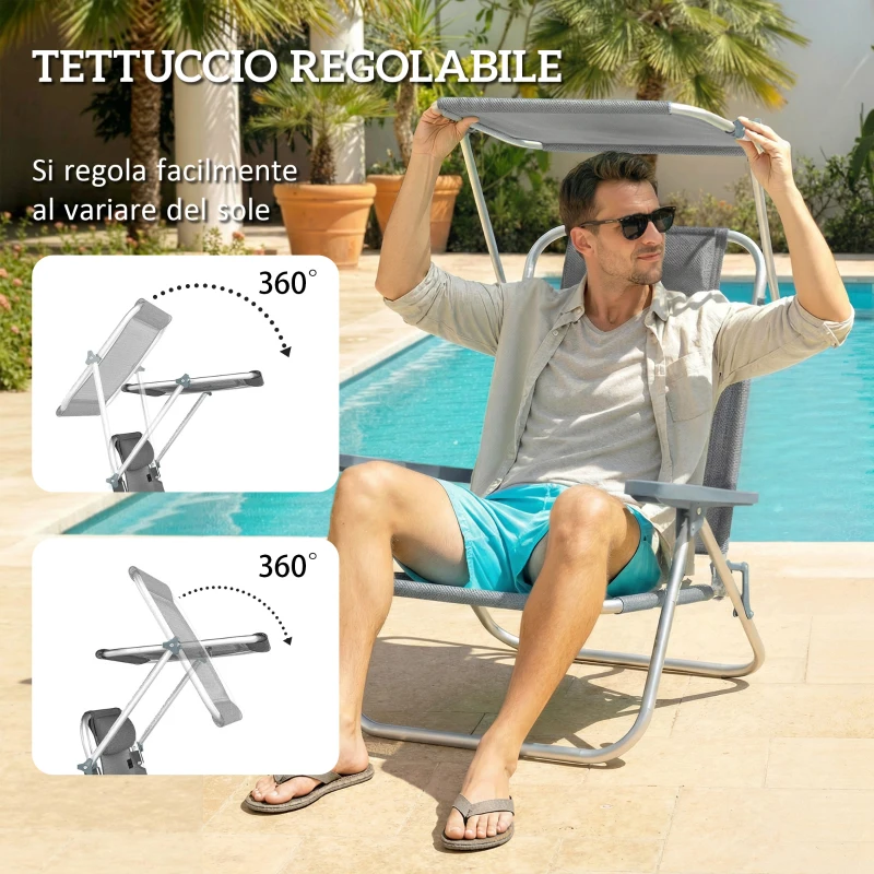 Outsunny Sedia a Sdraio Reclinabile a 6 Livelli con Tettuccio Regolabile e Poggiatesta, in Alluminio e Rete, 62x68x79, Grigio