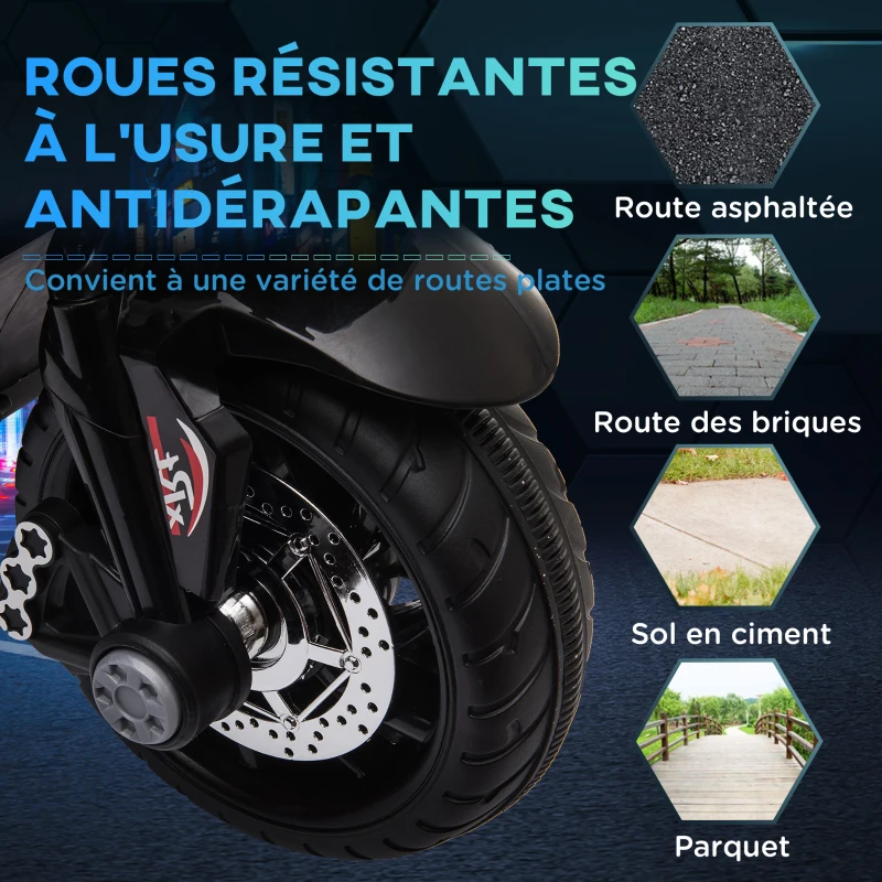 HOMCOM Moto électrique enfants 3 roues 6 V, voiture électrique enfants avec effets lumineux et sonores, vitesse max. 3 km/h, pour 3 à 5 ans, charge max. 25 kg, noir et blanc(m-6)