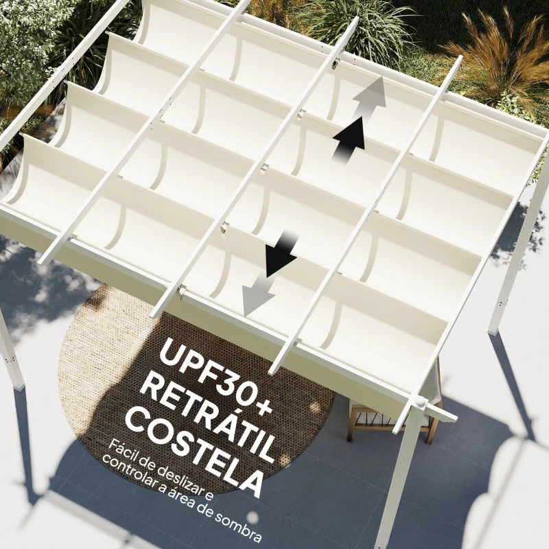 Outsunny Pérgola de Jardim 4x3 m com Teto Retrátil Proteção UPF30+ Drenagem Pérgola de Exterior para Terraço Bege