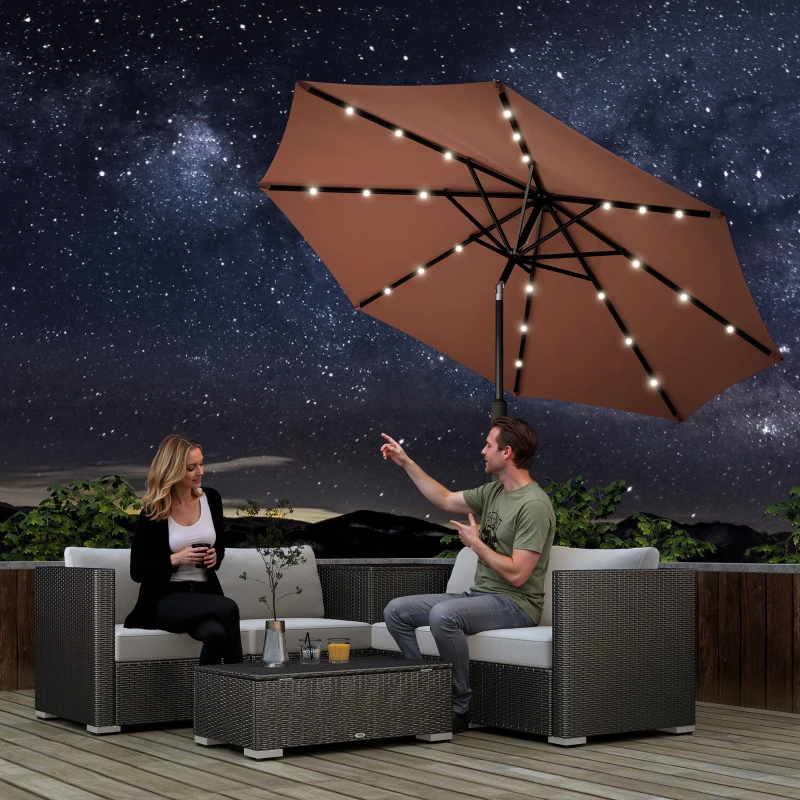 Outsunny Parasol de jardin Parasol droit Parasol Lumineux octogonal inclinable Ø 2,7 m Parasol LED Solaire métal Polyester Haute densité 180 g/m² Chocolat
