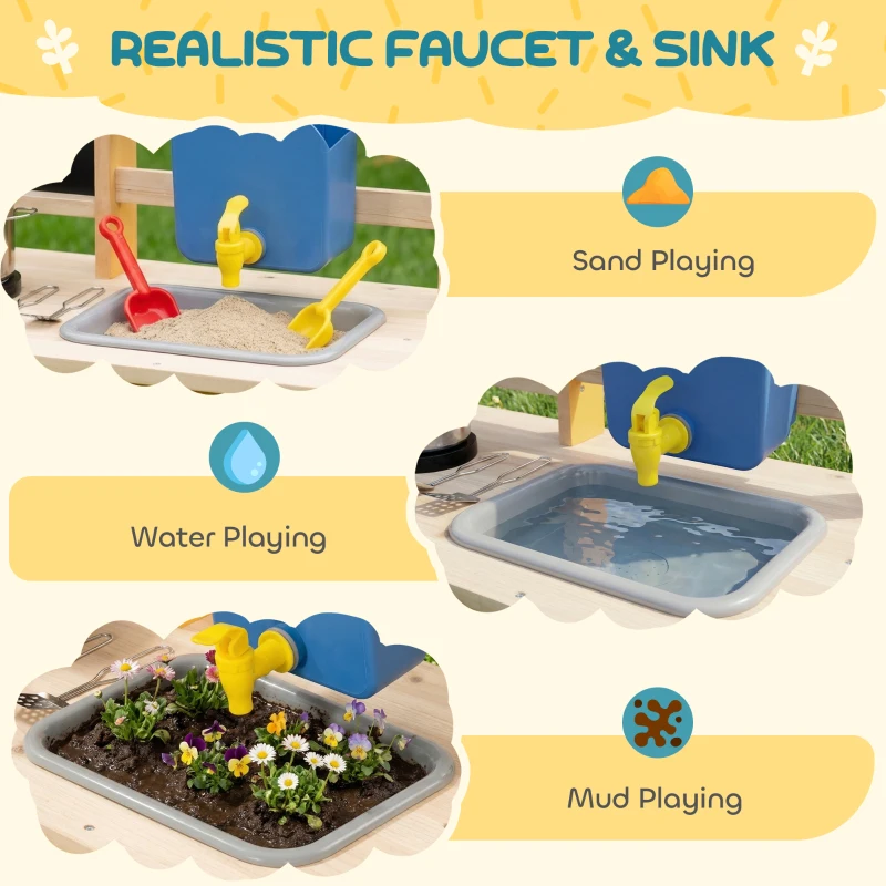 AIYAPLAY Mud Kitchen with Real Water Faucet Pretend Play Kitchen Playset with Sink and Storage Natural Wood