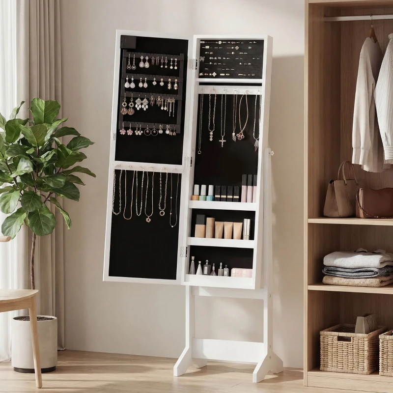 HOMCOM Armoire à bijoux armoire de rangement sur pieds boîte à bijoux avec miroir multi-rangements éclairage LED blanc