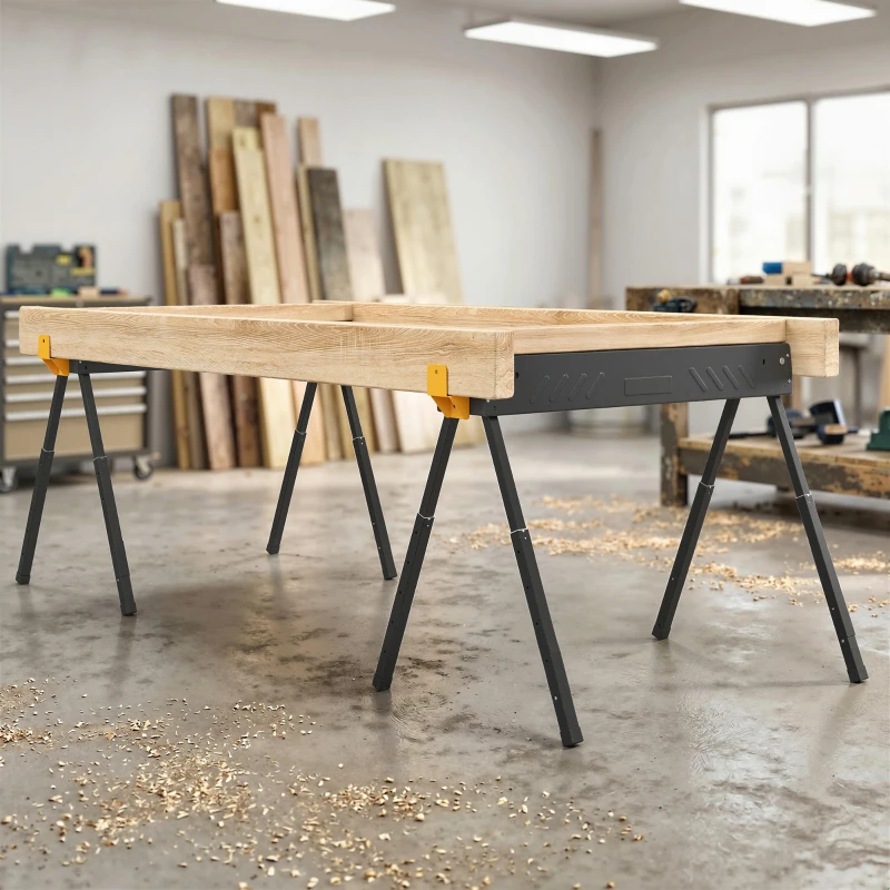 HOMCOM Set mit 2 zusammenklappbaren Sägeböcken, höhenverstellbar für 2x4-Holz, mit Griff, Haken, trägt bis zu 500 kg, Schwarz