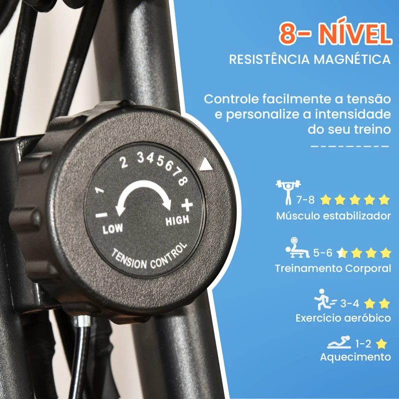 HOMCOM Bicicleta Estática Dobrável com Encosto 8 Níveis de Resistência Ecrã LCD Pulsómetro e Assento Ajustável 105x48x118 cm Azul