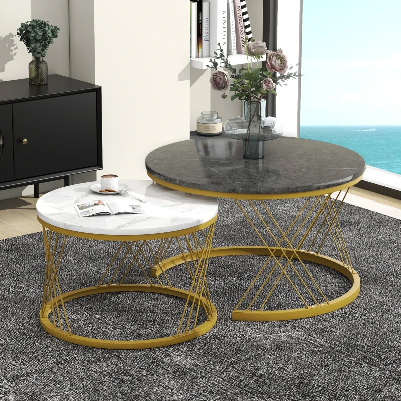 Set of 2 Modern Nesting Marble Coffee Tables with Metal Frame, Space-Saving Design, 70x70x45 cm and 44.5x44.5x38 cm, Grey