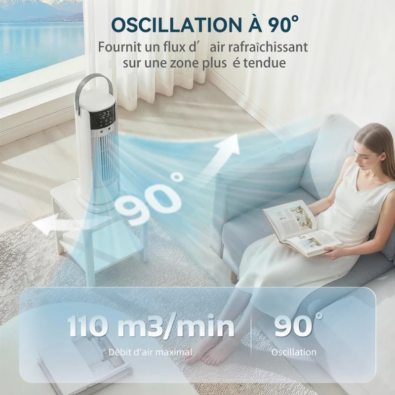 HOMCOM Ventilateur de table colonne avec brumisateur et éclairage RGB, ventilateur de bureau 3 vitesses, oscillation 90°, blanc