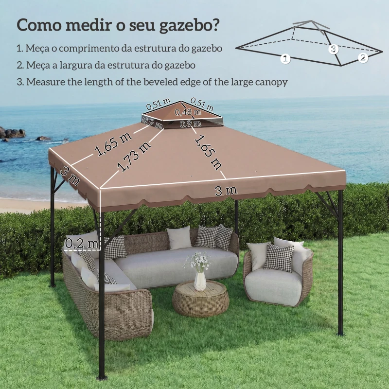 Outsunny Toldo de Substituição 3x3 m com Teto Duplo Orifícios de Drenagem e UPF 30+ Apenas Toldo NÃO Inclui Estrutura Caqui