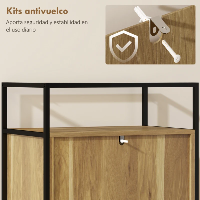 HOMCOM Cómoda Dormitorio con 4 Cajones Superficie de Vidrio Templado Estante Abierto Estructura de Acero 60x40x94,5 cm Teca