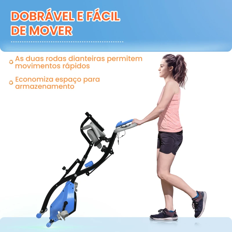 HOMCOM Bicicleta Estática Dobrável com Encosto 8 Níveis de Resistência Ecrã LCD Pulsómetro e Assento Ajustável 105x48x118 cm Azul