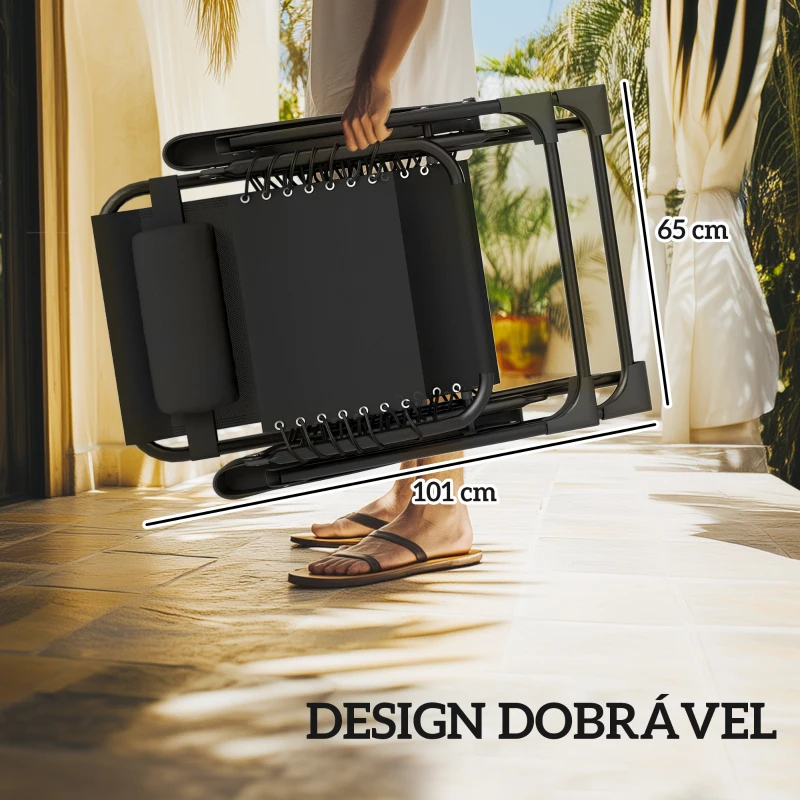 Outsunny Conjunto de 2 Espreguiçadeiras Jardim Exterior Dobráveis de Gravidade Zero com Mesa Auxiliar com Suportes para Copos Almofada de Cabeça Preto