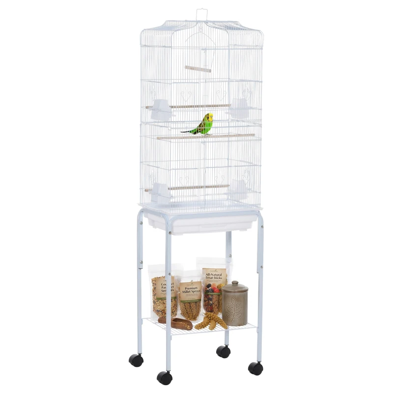 PawHut Bird Cage Budgie Cages for Finch Canary Parakeet with Stand Wheels Slide-out Tray Accessories Storage Shelf, White 46.5 x 36 x 157 cm