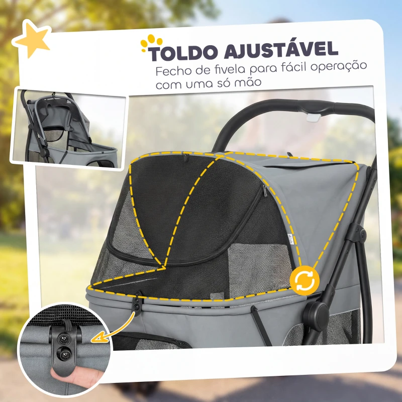 PawHut Carrinho para Cães Dobrável com 3 Rodas Janelas de Rede Almofada Lavável Todo-o-Terreno Carga 20 kg 92x63x95 cm Cinzento