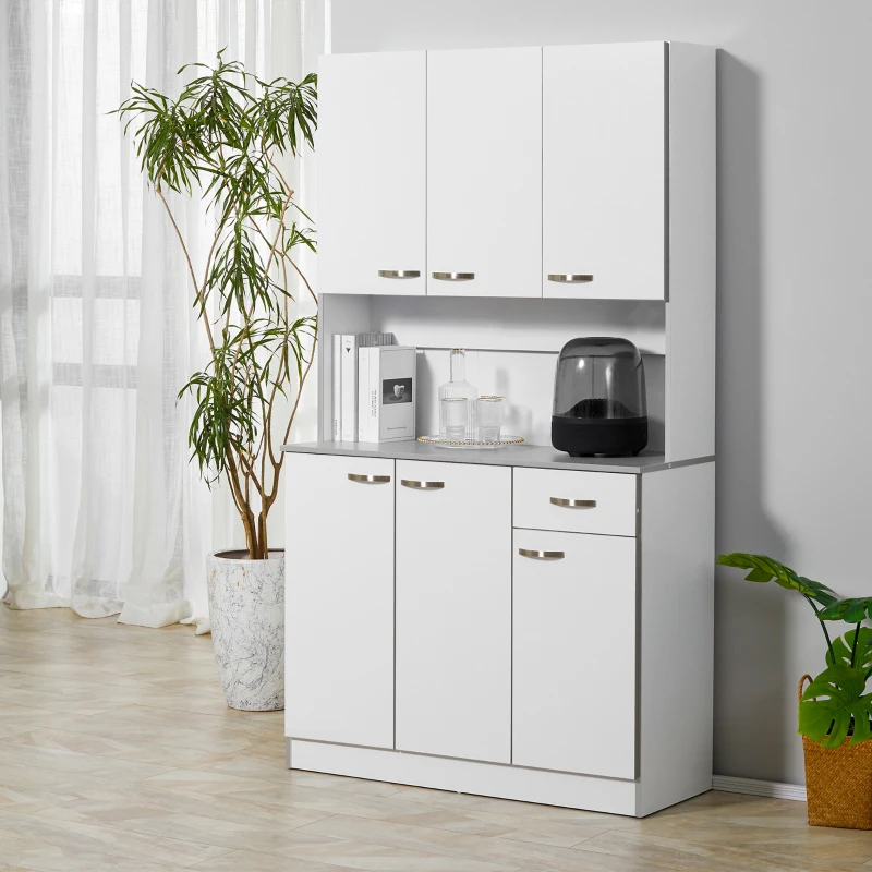 HOMCOM Buffet de cuisine armoire de cuisine contemporaine multi-rangements 6 portes 1 tiroir + grand plateau dim. 101L x 39l x 180H cm panneaux particules blanc gris