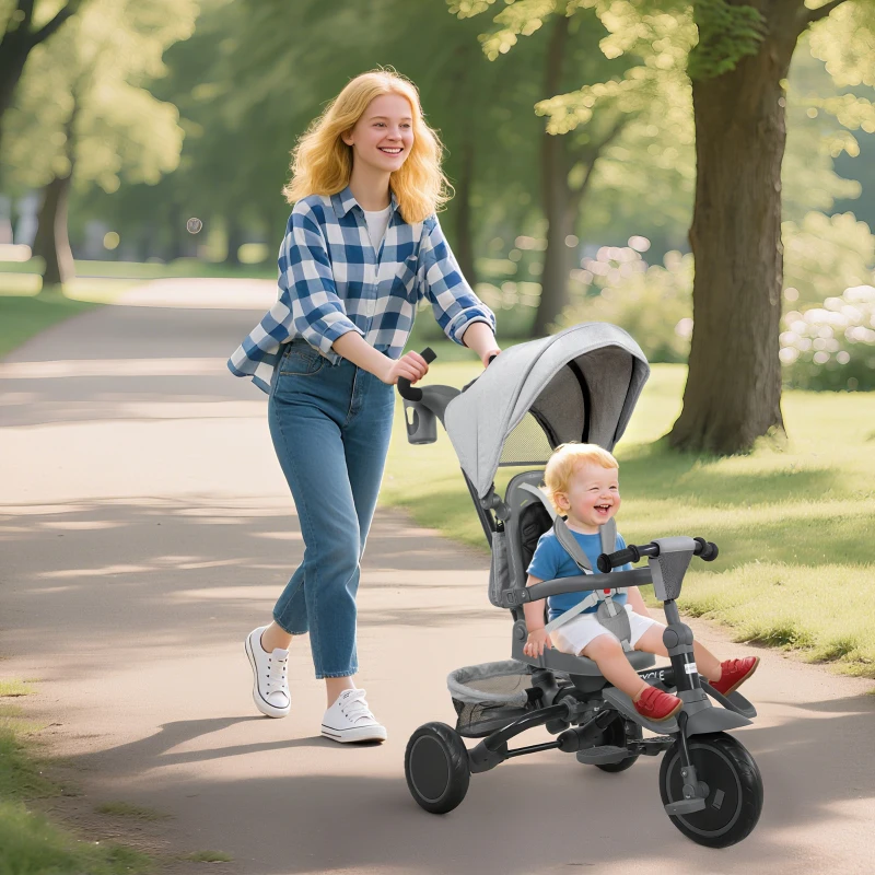 AIYAPLAY Tricycle bébé évolutif 6 en 1, tricycle enfant pliable avec poignée parentale réglable, siège pivotant 360°, gris