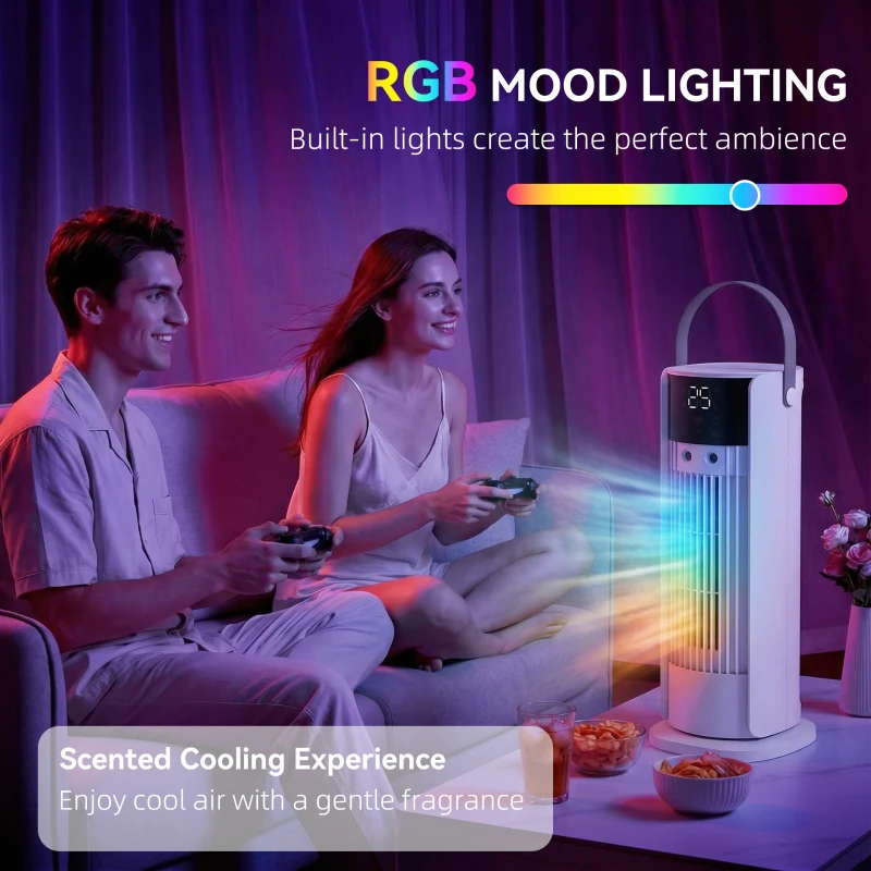 HOMCOM Ventilateur de table colonne avec brumisateur et éclairage RGB, ventilateur de bureau 3 vitesses, oscillation 90°, blanc