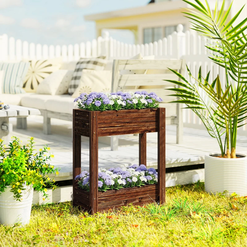 Outsunny 2-Tier Wooden Raised Planter, Raised Garden Bed on Legs with Drainage Holes and Bed Liner, Elevated Garden Planter
