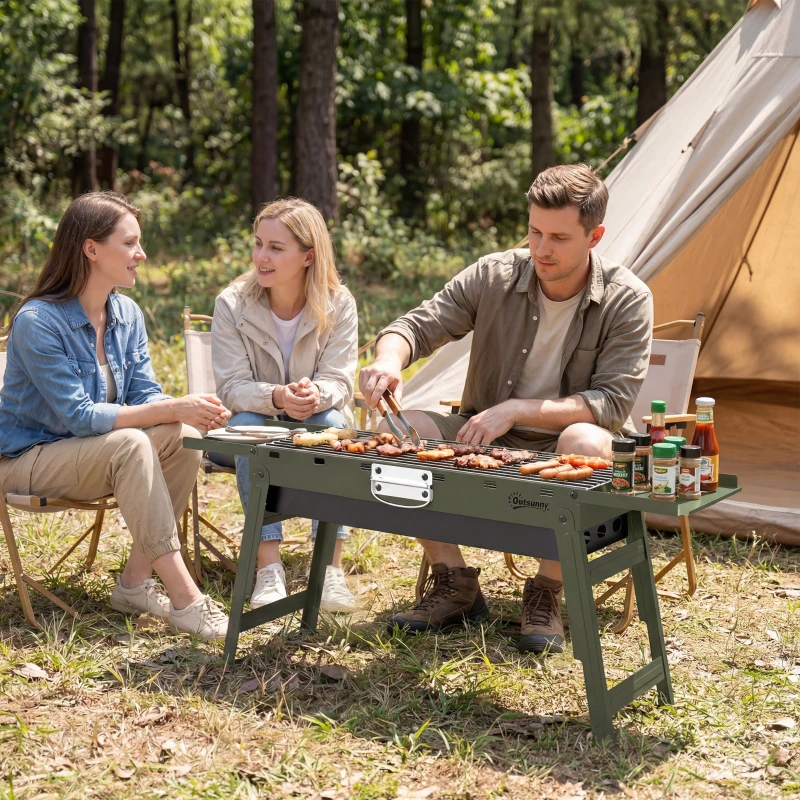 Outsunny Portable BBQ Grill, Foldable Charcoal Grill for Camping and Picnics with 2 Side Shelves and Handle, Green