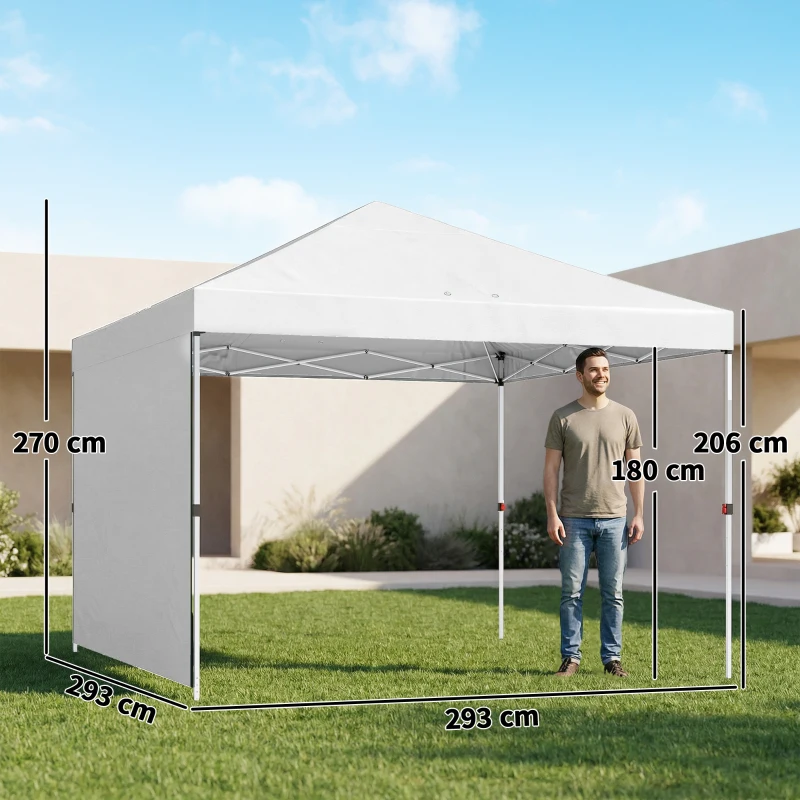 Outsunny Carpa Plegable Pop-up 3x3 m con Pared Lateral UPF50+ Altura Ajustable Empuje Central Bolsa de Transporte Blanco