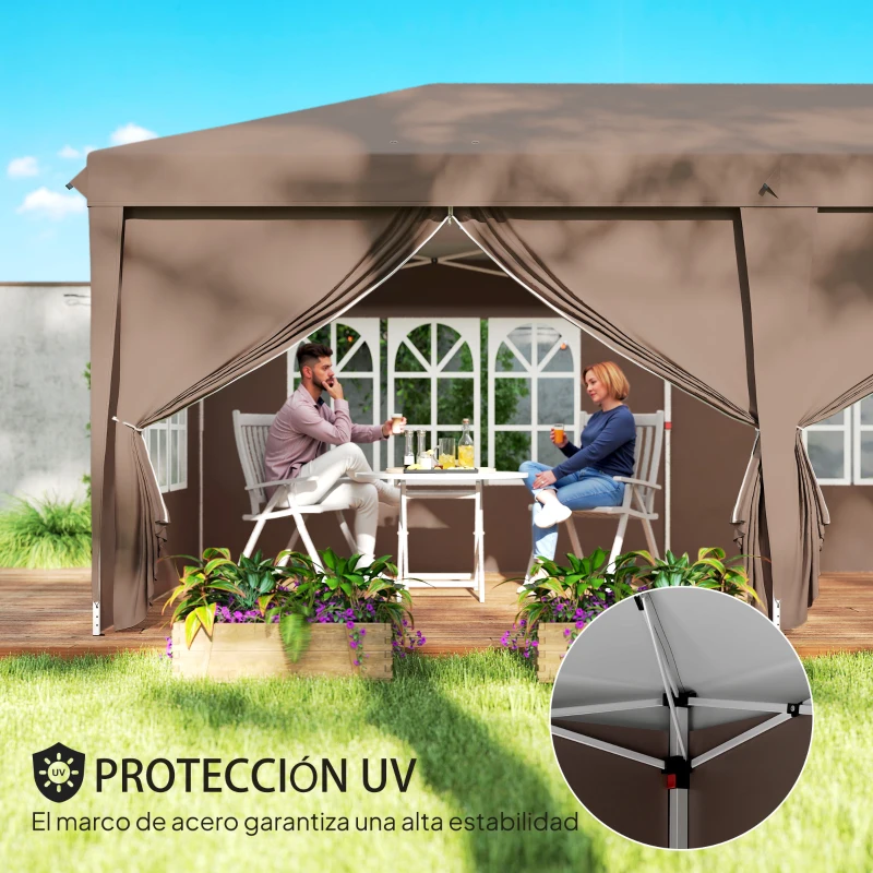 Outsunny Carpa Plegable 6x3 m Pop-up con 4 Laterales Desmontables Cenador de Jardín con 4 Ventanas y Bolsa de Transporte Café
