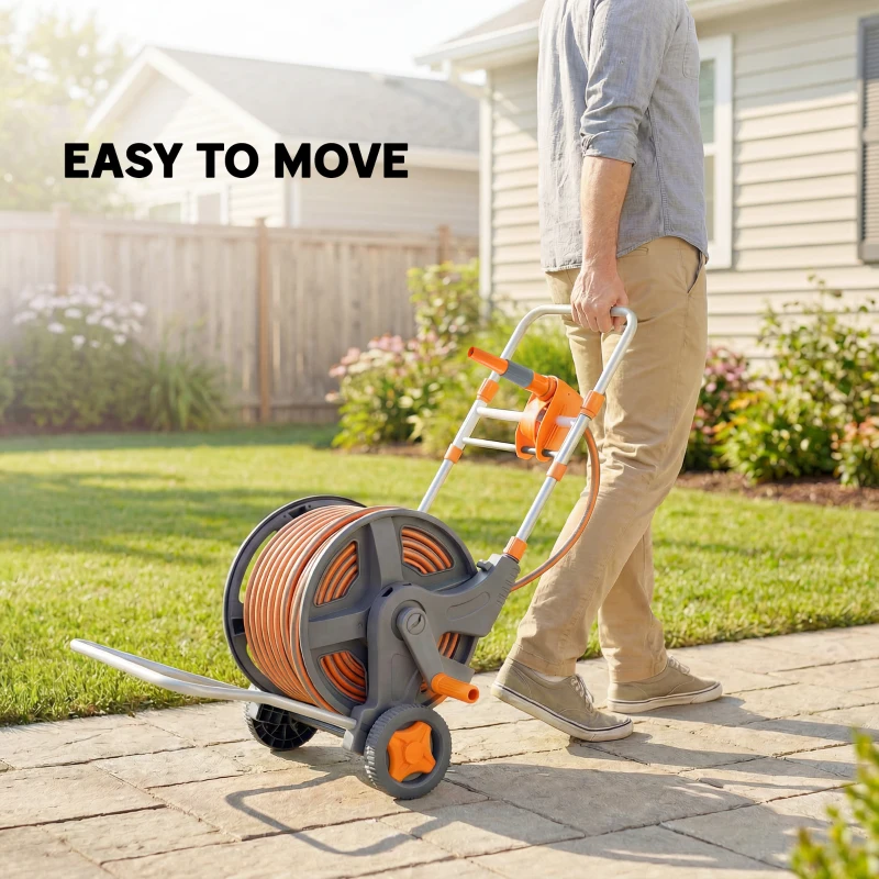Outsunny Hose Reel Cart with Wheels, 45+2m Garden Hose Reel with 2 Patterns Nozzle, Faucet Adaptors and Rewind Handle, Orange