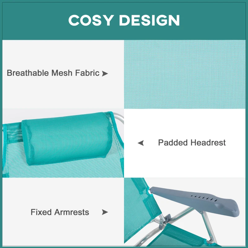 Outsunny Zestaw 2 składanych krzeseł campingowych z siateczkowym regulowanym oparciem i zagłówkiem, 62 x 65 x 80 cm, turkusowe