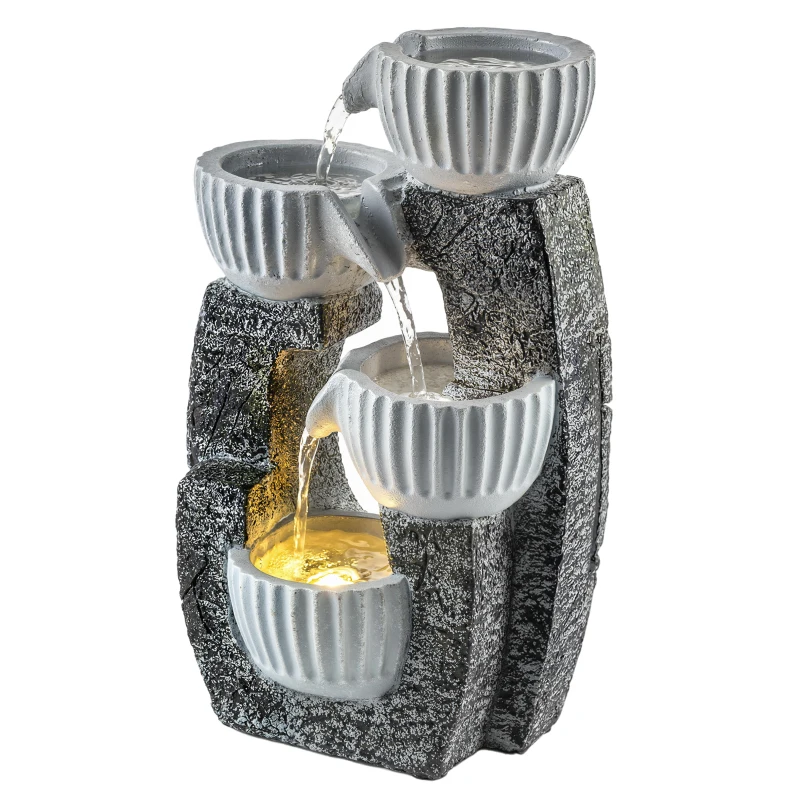 Outsunny 4-Tier Bowl Water Feature, Indoor Outdoor Garden Water Fountain with Pump and LED Lights, Resin Cascading Waterfall