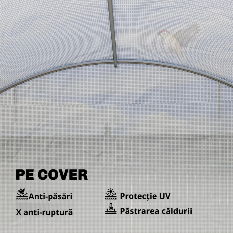 Outsunny Seră tunel cu 2 bare de susținere, 2 uși rulante și ferestre cu plasă, învelitoare din PE anti-UV, alb