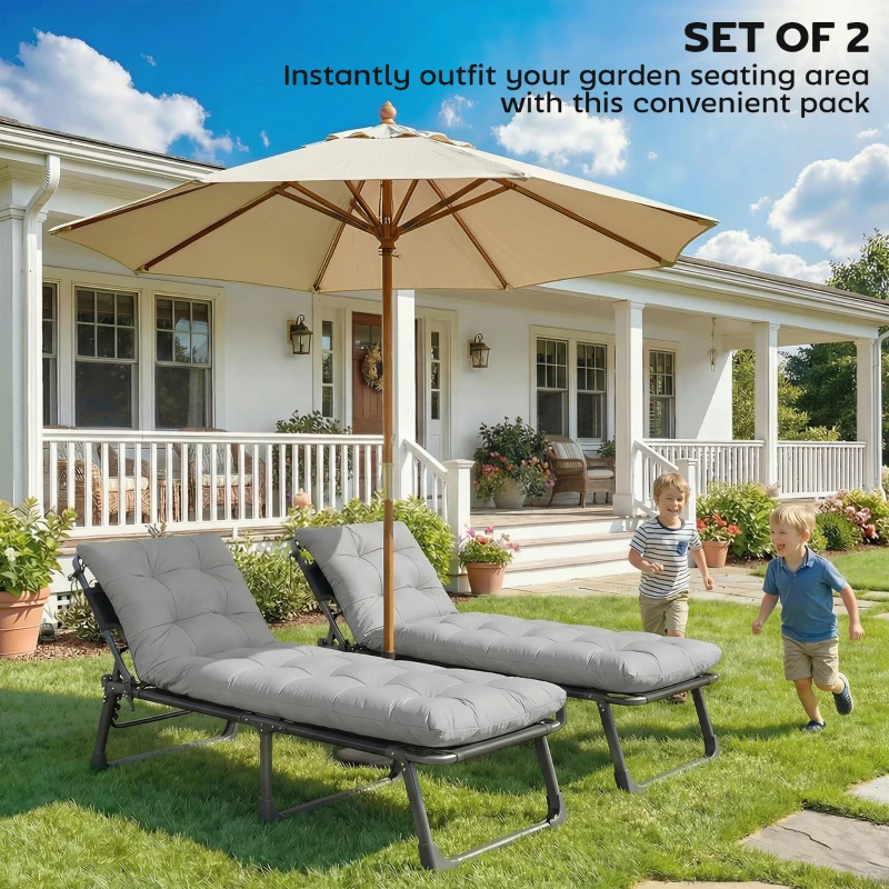 Outsunny Sun Lounger Cushions Only, Garden Lounge Chair Cushions Set of 2, Sunbed Replacement Pads with 4 Ties, Light Grey
