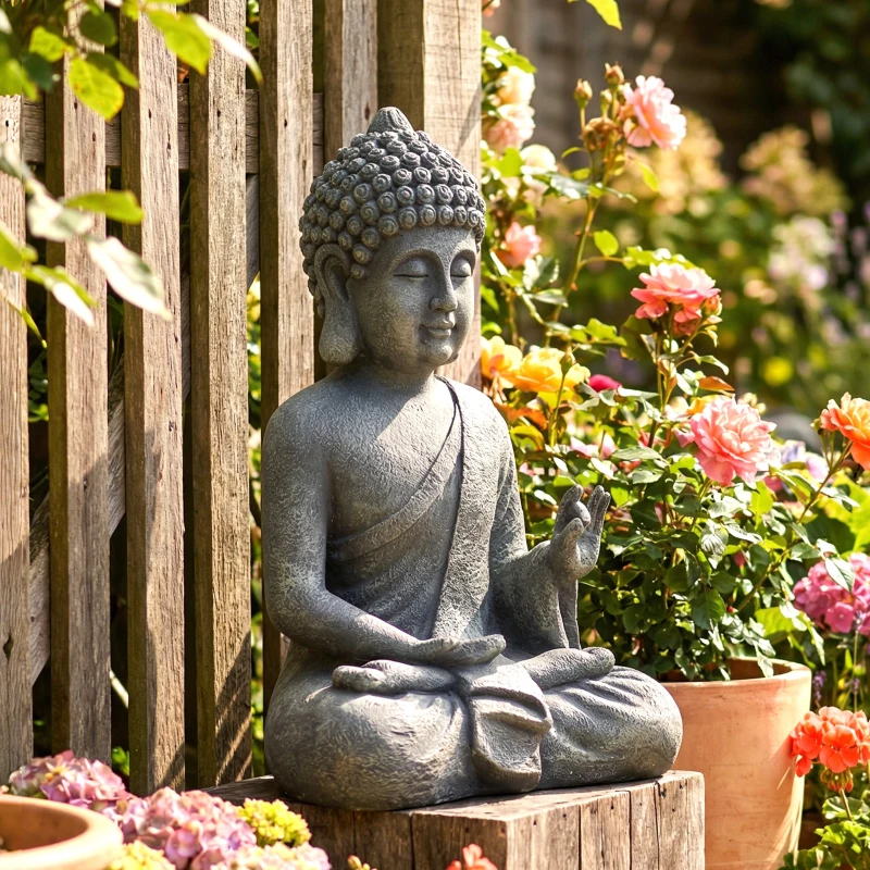 Outsunny Statue de Jardin, Sculpture de Bouddha Assis en Oxyde de Magnésium, Décoration Spirituelle 32 x 23 x 51 cm, Gris Foncé