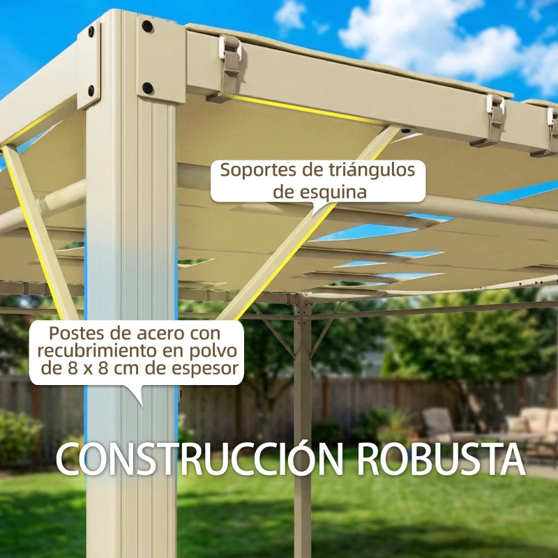 Outsunny Pérgola de Jardín 3x4 m con Protección UPF 50+ Gazebo con Cortinas Estructura de Acero para Sombra Exterior Beige