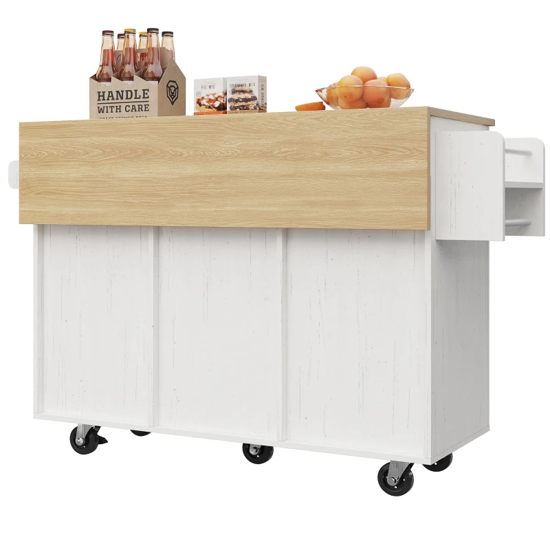 Kücheninsel mit klappbarer Tischplatte, Speisewagen mit Snackregalen und Stretchfunktionsschränken, 134,5 x 46/74 x 90,5 cm, Weiß(m-9)