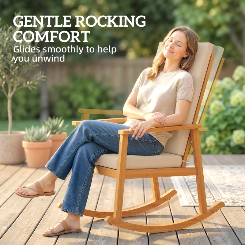 Outsunny Schommelstoel van Acaciahout Schommelstoel met Hoge Rugleuning Kussens tot 160 kg 60 x 89 x 107 cm Beige