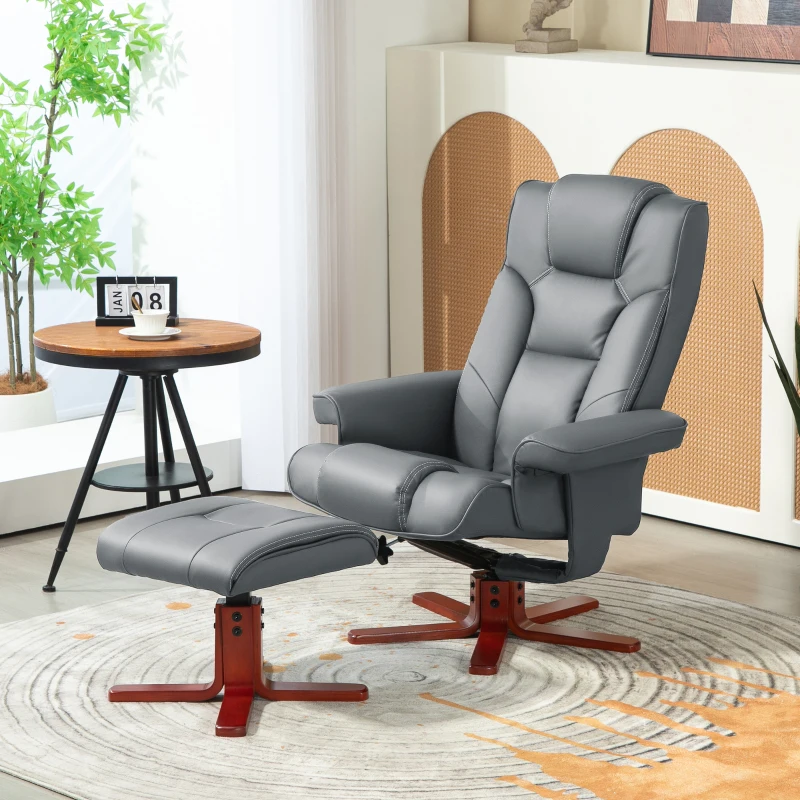 HOMCOM Faux Leather Manual Recliner and Footstool Set - Grey