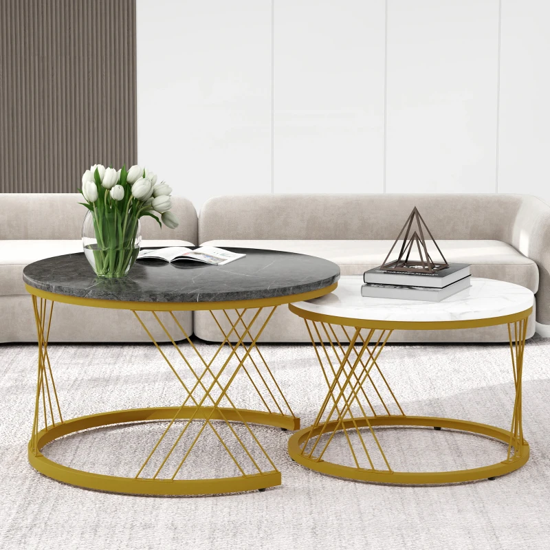 Set of 2 Modern Nesting Marble Coffee Tables with Metal Frame, Space-Saving Design, 70x70x45 cm and 44.5x44.5x38 cm, Grey