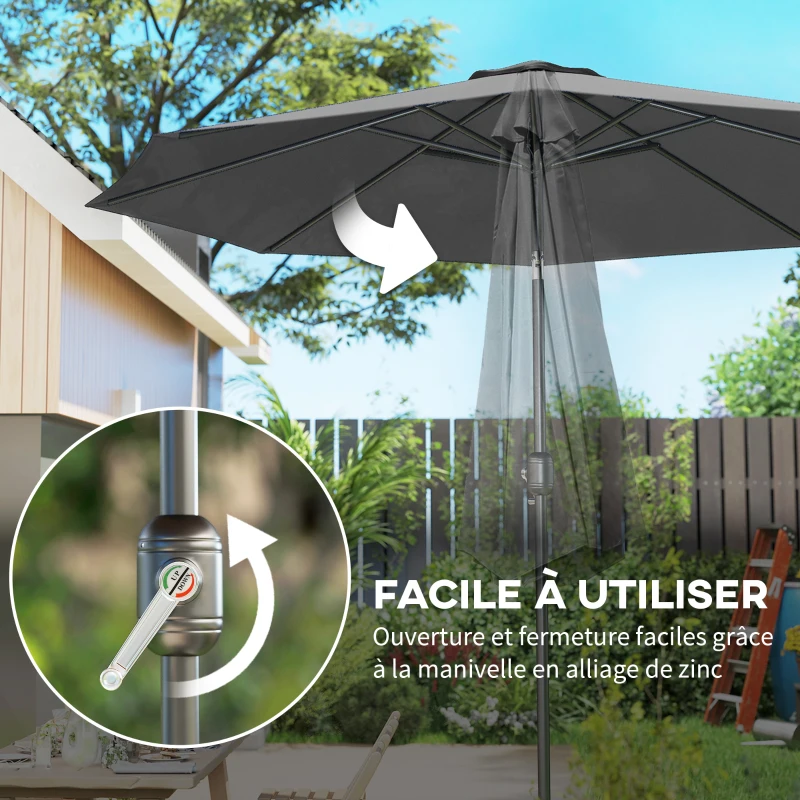 Outsunny Parasol de jardin extérieur Parasol droit inclinable Ø 3 m en métal Rond Polyester 180g/m² manivelle inclinable Gris