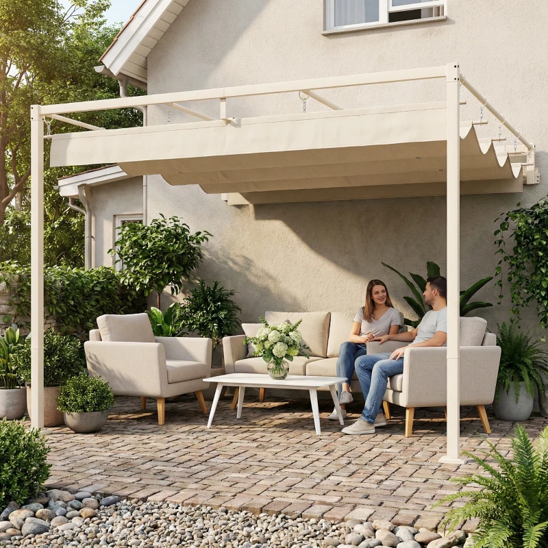 Outsunny Pérgola de Pared de Jardín 3x3 m con Techo Retráctil Protección UPF30+ Drenaje Cenador de Jardín para Exterior Beige